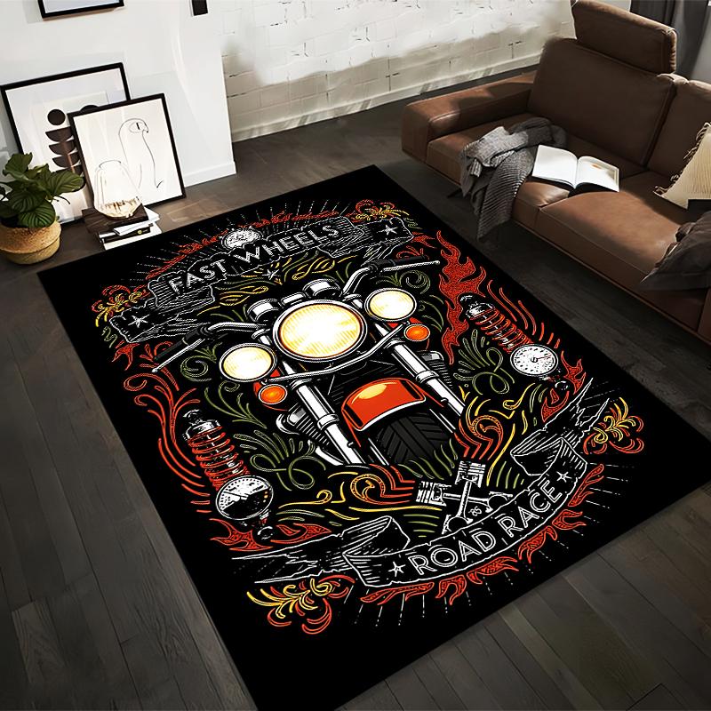 Motorcycle Road Race Carpet with "Fast Wheels" Graphic Design Suitable for use as an anti-slip for living room bedroom sofas