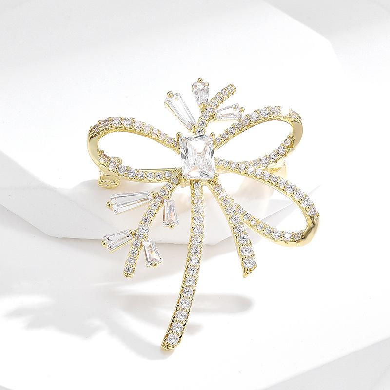 Simple Bow Ribbon Brooch Anti-Light Small Fragrance Inlaid Zircon Corsage Clothing Coat High-End Accessories