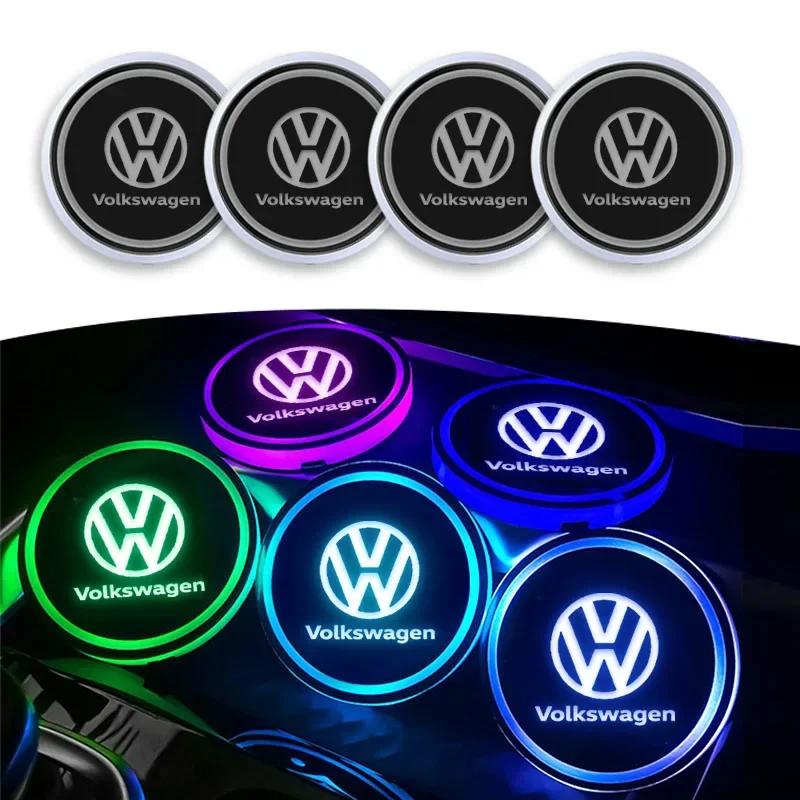 Car logo Cup Holder Bottom Pad LED Light Colorful Coaster For Volkswagen VW GTI Rline R Polo Golf Passat Tiguan Car Accessories