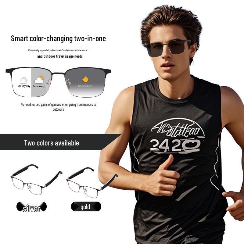 Smart Bluetooth Glasses GS06: Metal Frame, Magnetic Charging, Photochromic Lenses, Stereo Sound.
