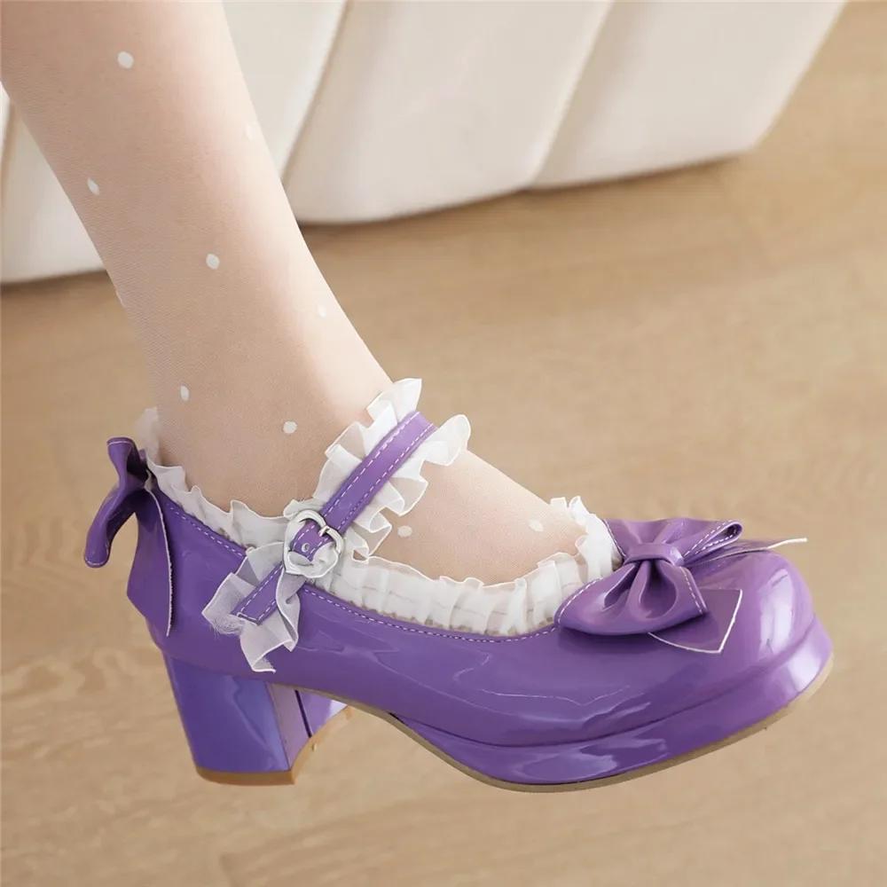 Женские туфли в стиле Лолита на среднем каблуке из лакированной кожи с милым бантом Туфли Мэри Джейн для невесты, свадьбы, косплея, вечеринки, красного, розового, черного, зеленого цвета, размер 31-43