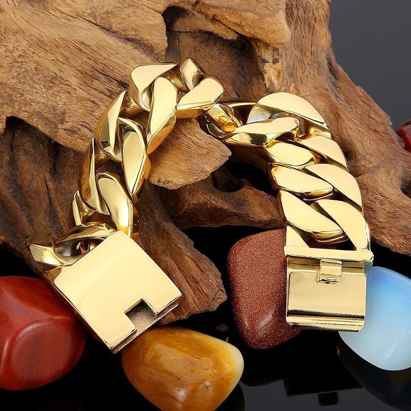 Мужской браслет из титановой стали с покрытием из золота 18 карат в стиле хип-хоп