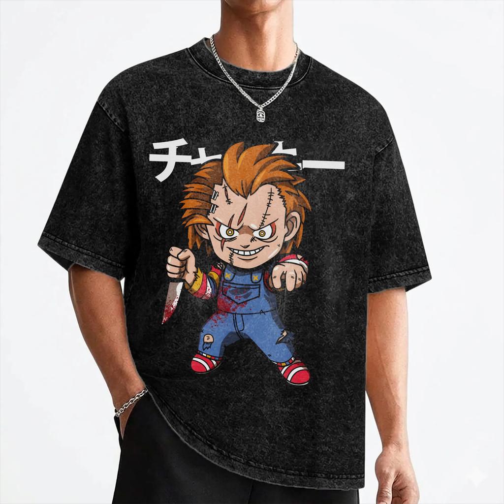 Horror Movie Chuckys T Shirts Washed Short Sleeve Oversize T-Shirts Halloween Vintage Men Women Streetwear Summer Tee Shirt