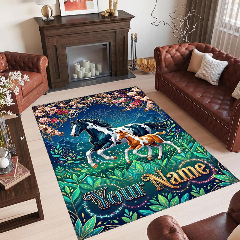 Horse Theme Crystal Velvet Floor Rug Personalized Custom Name Text Warm Carpet Home Decoration