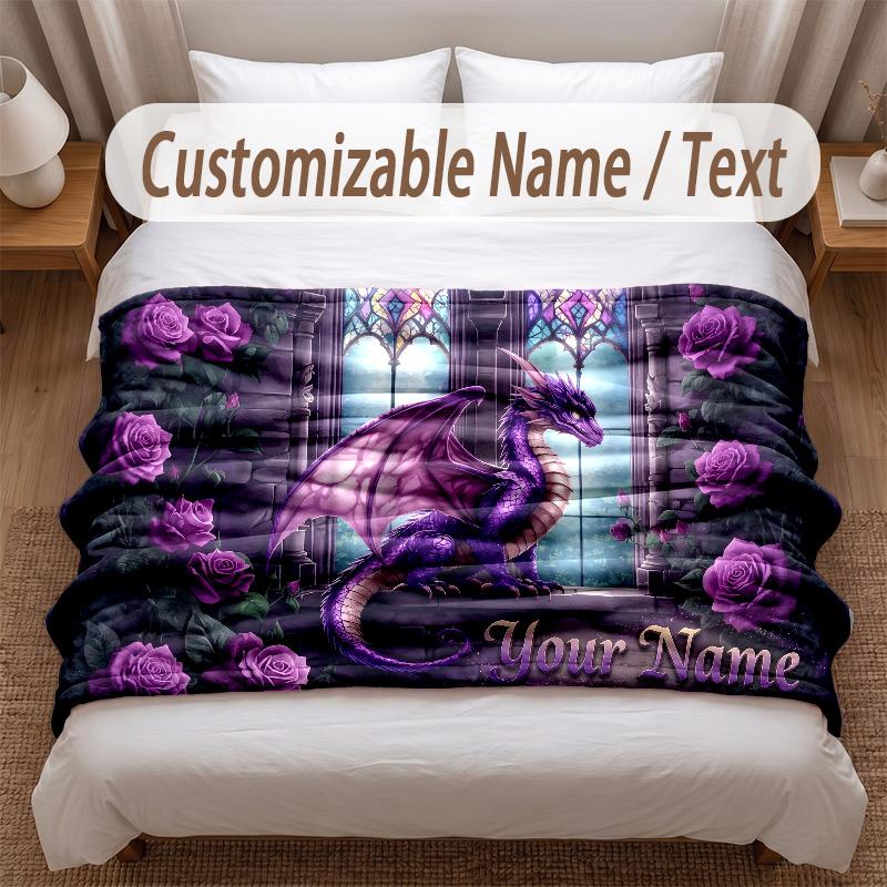 Dragon Theme Soft Blanket Personalized Custom Name Text Print Warm Blanket Home Sofa Bedroom Decor