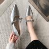 Fashion 2025 New Women's Leather Metal Buckle Sweet Bowtie Pointed Toe Slip-on Mary Jane Pumps Elegant Ladies Square Heeled Shoes