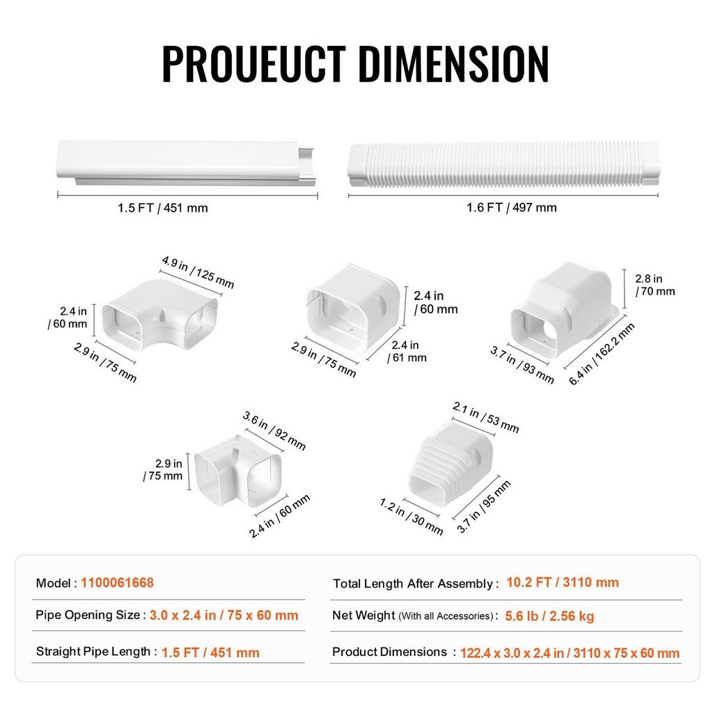 Mini Split Line Set Cover 76.2mm W 3110mm L, PVC Decorative Pipe Line Cover For Air Conditioner with 5 Straight Ducts & Full Components Easy to