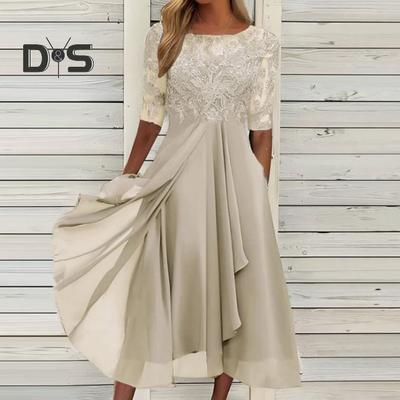 Женское платье миди с цветочным кружевом, летнее шифоновое платье-халат с круглым вырезом, длинное коктейльное вечернее платье для гостей на свадьбе, подружек невесты