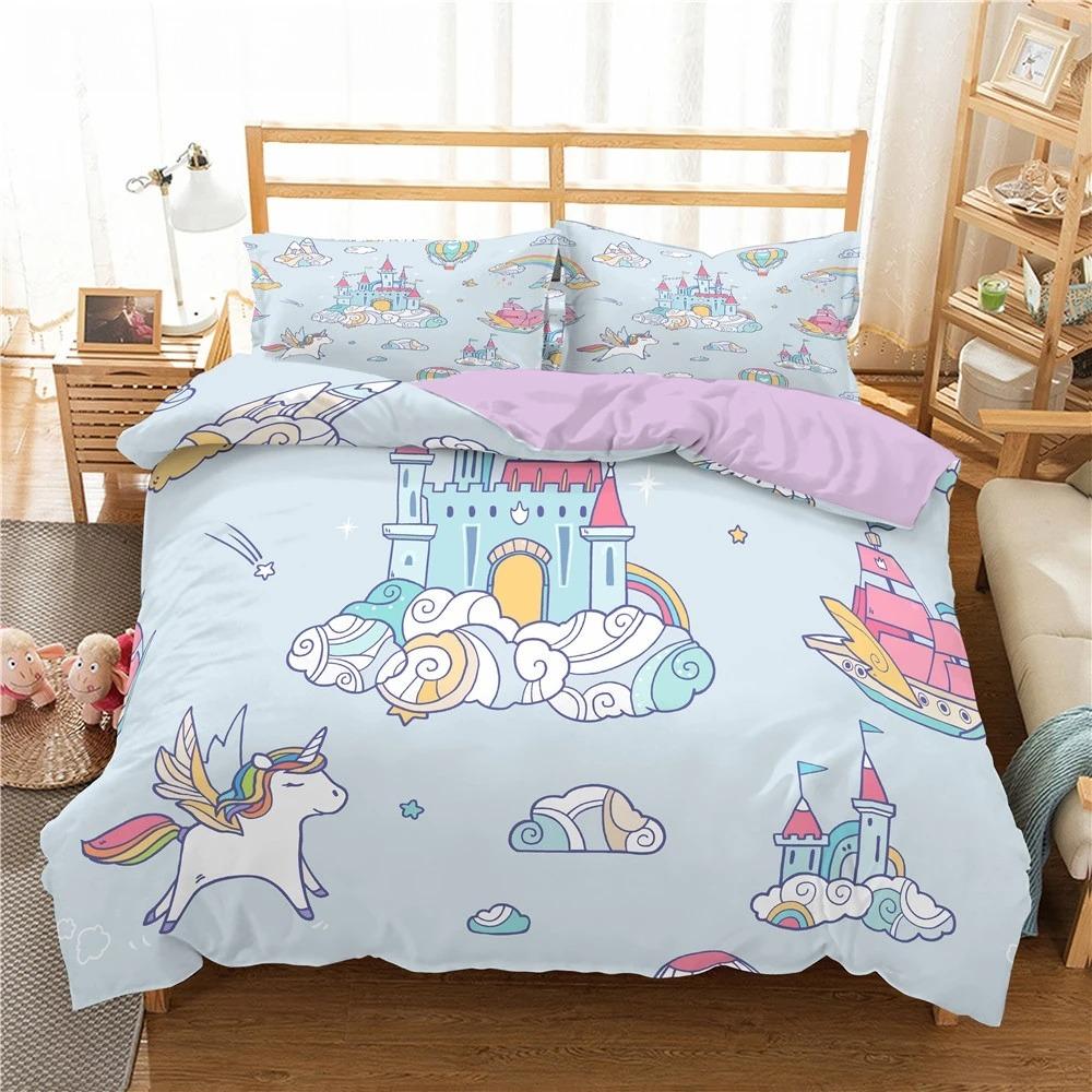 Kids Cartoon Duvet Cover Set Full/Queen Microfiber 3D Bedding Set Soft Pink Castle Princess Comforter Cover with Home Textile