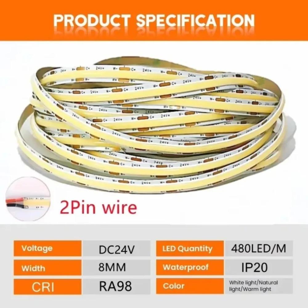 Светодиодная лента COB 10 м, 480 светодиодов/м, гибкая лента, DC24V, RA98, высокий CRI, CCT 2700K-6500K, линейное диммирование, высокая плотность, для декора комнаты
