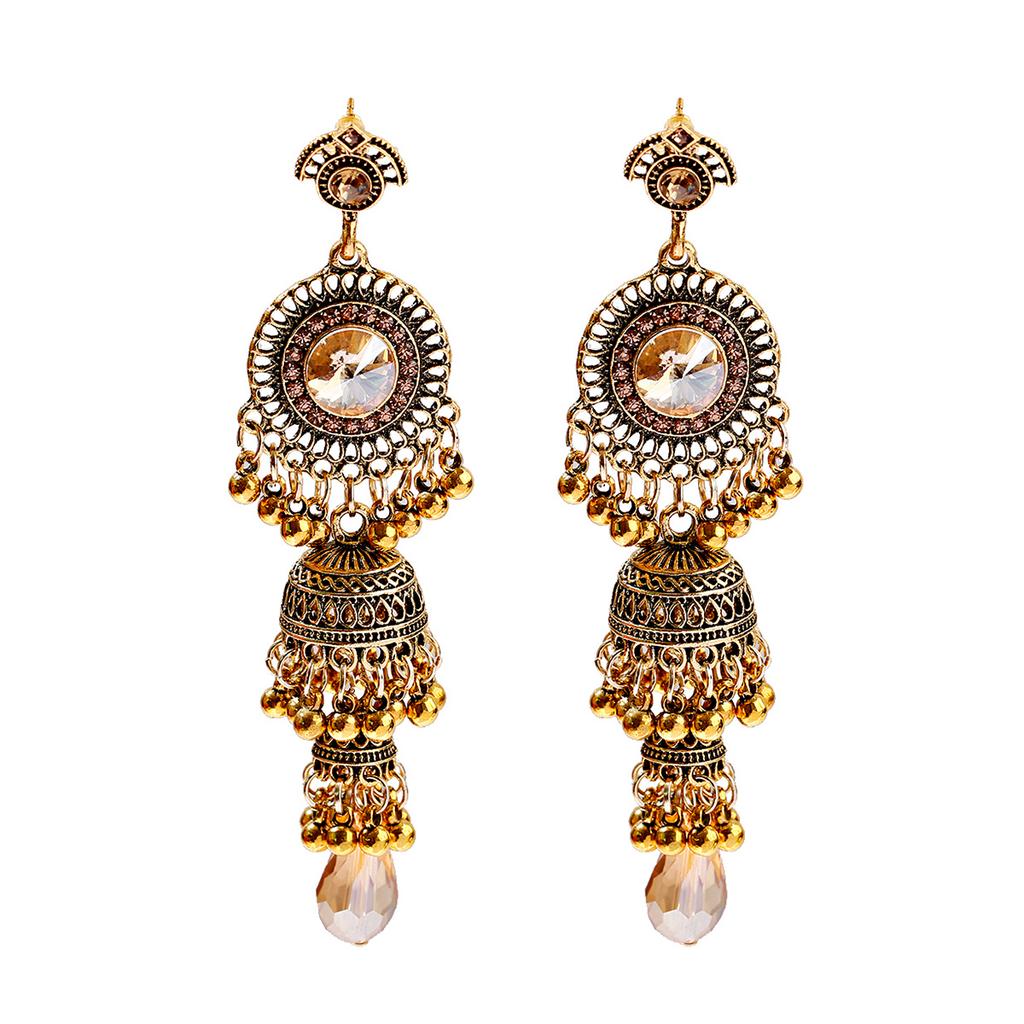 Women‘s Boho Ethnic Gold Copper Plated Jhumka Indian Earring Gypsy Zircon Vintage Big Bells Dangle Hanging Earrings For Women