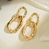 Vintage Gold Color Double Circle Dangle Earrings Waterproof Link-shape Lava Textured Huggie Large Ear Stud Statement Zircon
