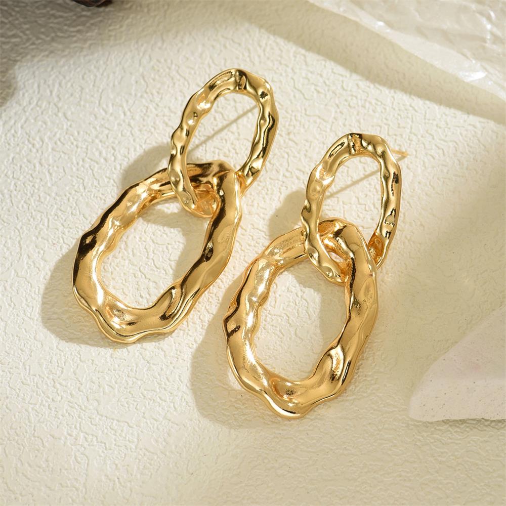 Vintage Gold Color Double Circle Dangle Earrings Waterproof Link-shape Lava Textured Huggie Large Ear Stud Statement Zircon