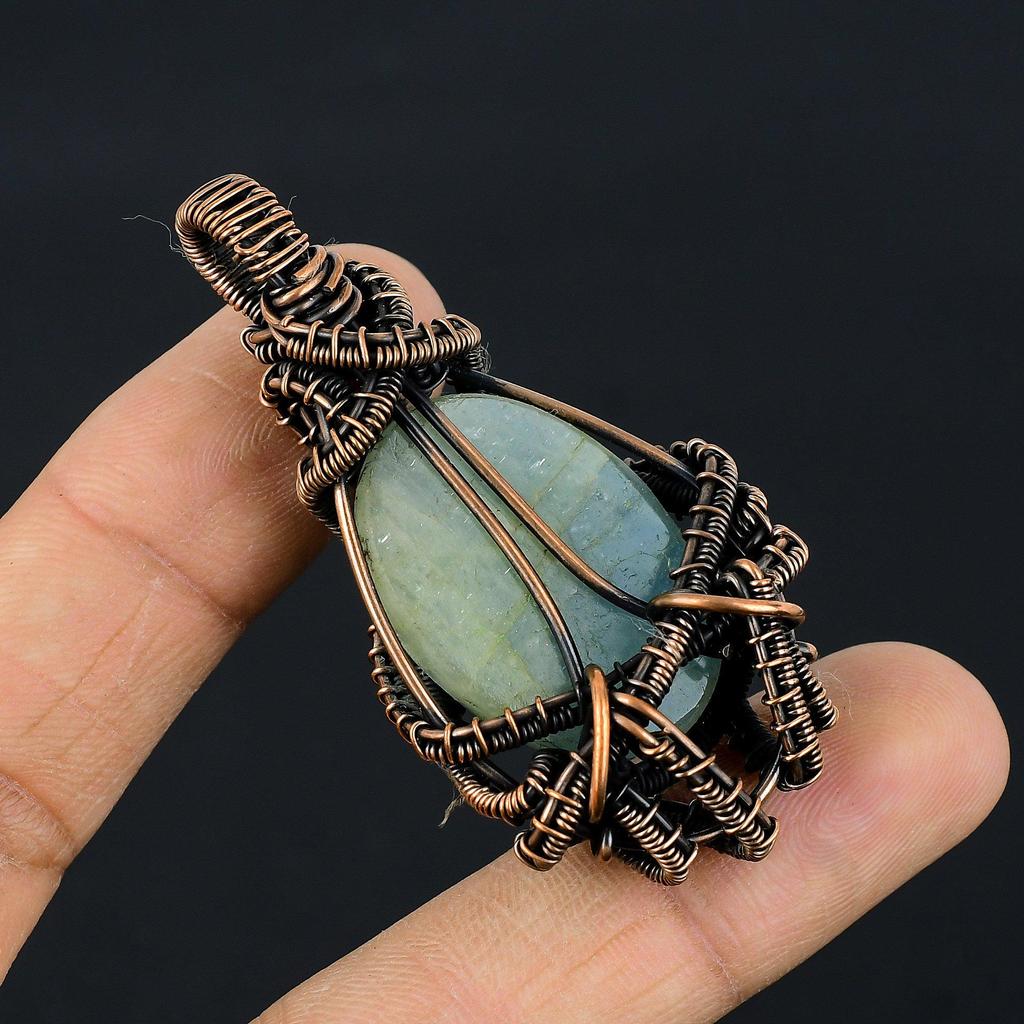 Aquamarine 999 Copper Wire Wrapped Pendant, Handmade Gemstone Pendant Jewelry, Gifts For Wife Brand New Pendant