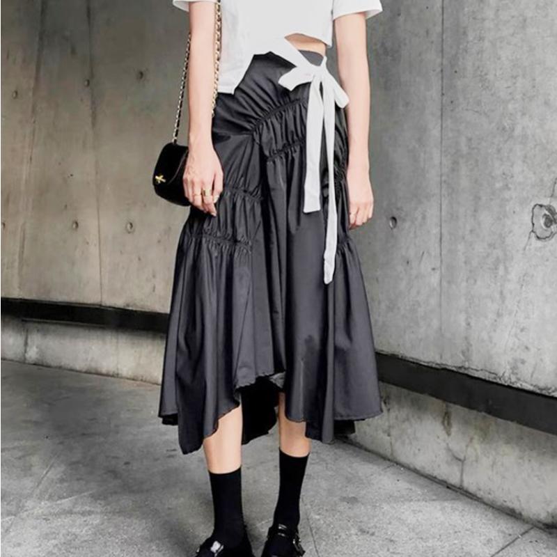 Qooth Women Ins Solid Color Pleated Asymmetrical A-line Skirt Casual High Waist Mid-length Long Skirt For Spring Summer QT2044