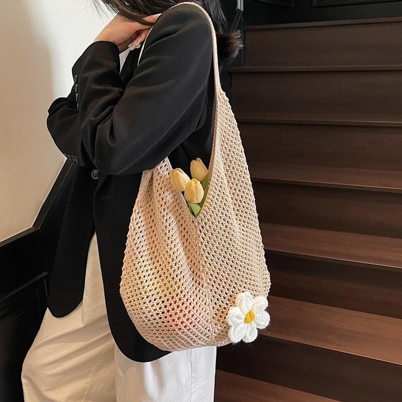 Summer seaside vacation beach woven shoulder bag women's 2025 new large-capacity flower cotton thread hollow tote bag