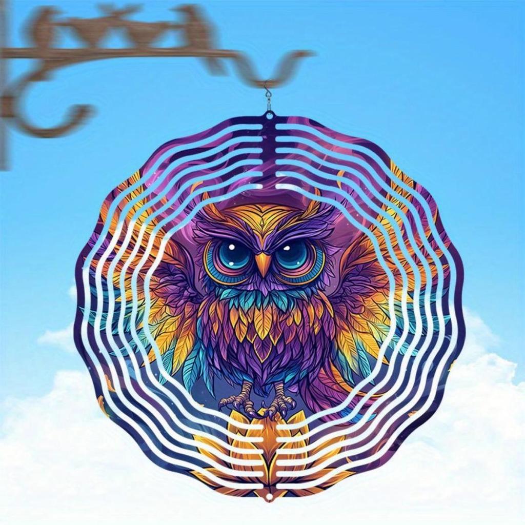 Purple Golden Owl Wind Chime with Stained Glass Outdoor Garden Decor 360 Rotating Hook No Battery Needed Easy Hang Home Art