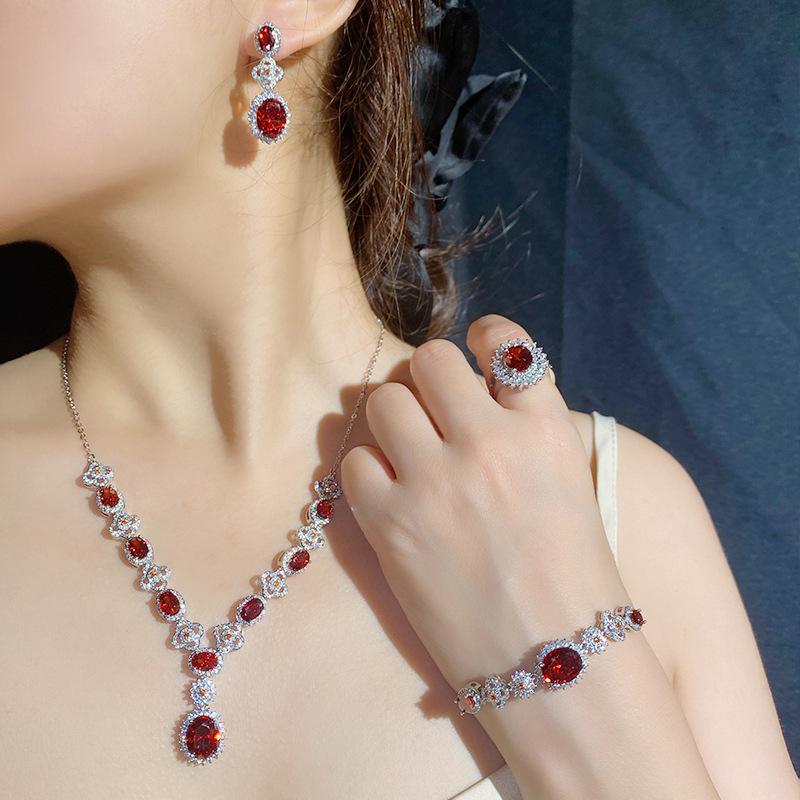 Камелия Французский Яркий Имитация Рубина Свадебный Набор, 18К Полное Бриллиантовое Покрытие Элегантные и Благородные Серьги Открытое Кольцо