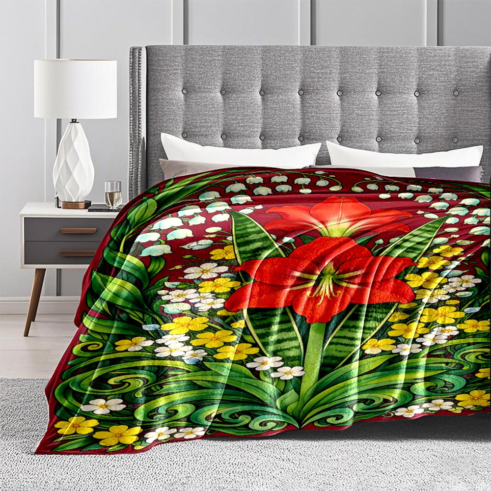 Colorful Floral Pattern blanket with Red Lilies and Green Leaves Design blanket, suitable for use in the bedroom, living room, on the sofa