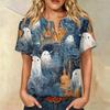 Женская повседневная рубашка-henley с коротким рукавом, смесовая ткань хлопок и лен, принт на Хэллоуин, нагрудный карман, блузка на пуговицах