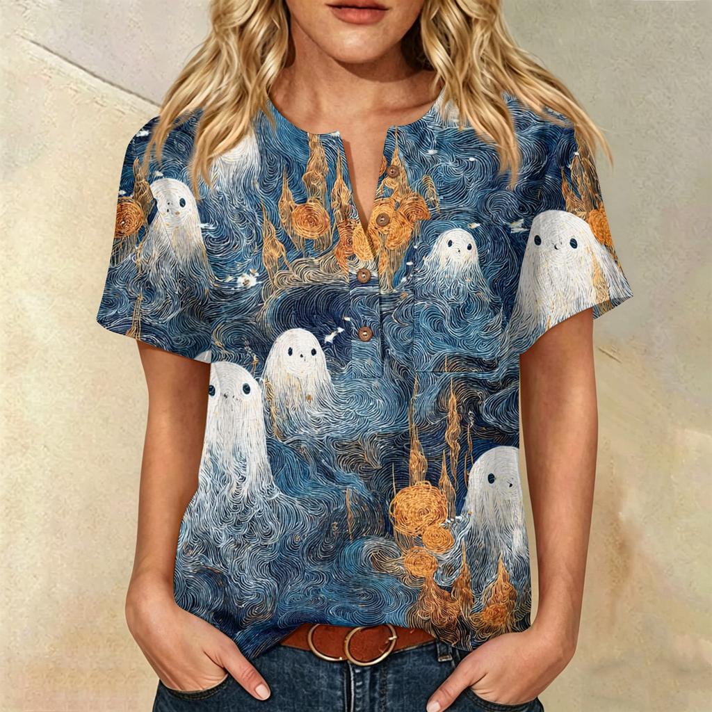 Женская повседневная рубашка-henley с коротким рукавом, смесовая ткань хлопок и лен, принт на Хэллоуин, нагрудный карман, блузка на пуговицах