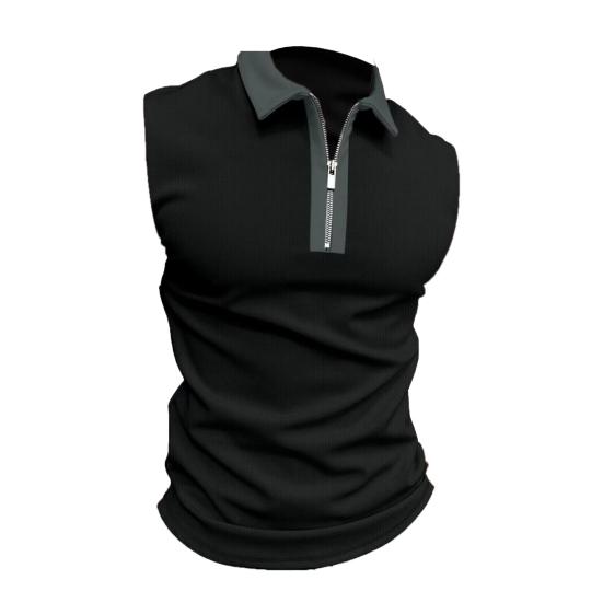 Мужская летняя рубашка с отложным воротником на молнии без рукавов, сплошной цвет, накладной карман, дышащий пуловер, облегающий повседневный топ средней длины