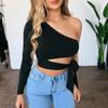 Women Lady Bandage Slim Tee Tops Long Sleeve One-shoulder Bow-tie Elastic Solid T Shirt Cold Shoulder Sexy Crop Top Club Street