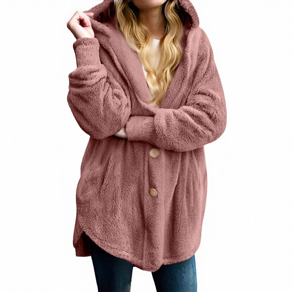 Женская модная однотонная свободная повседневная плюшевая куртка с карманами на пуговицах и капюшоном