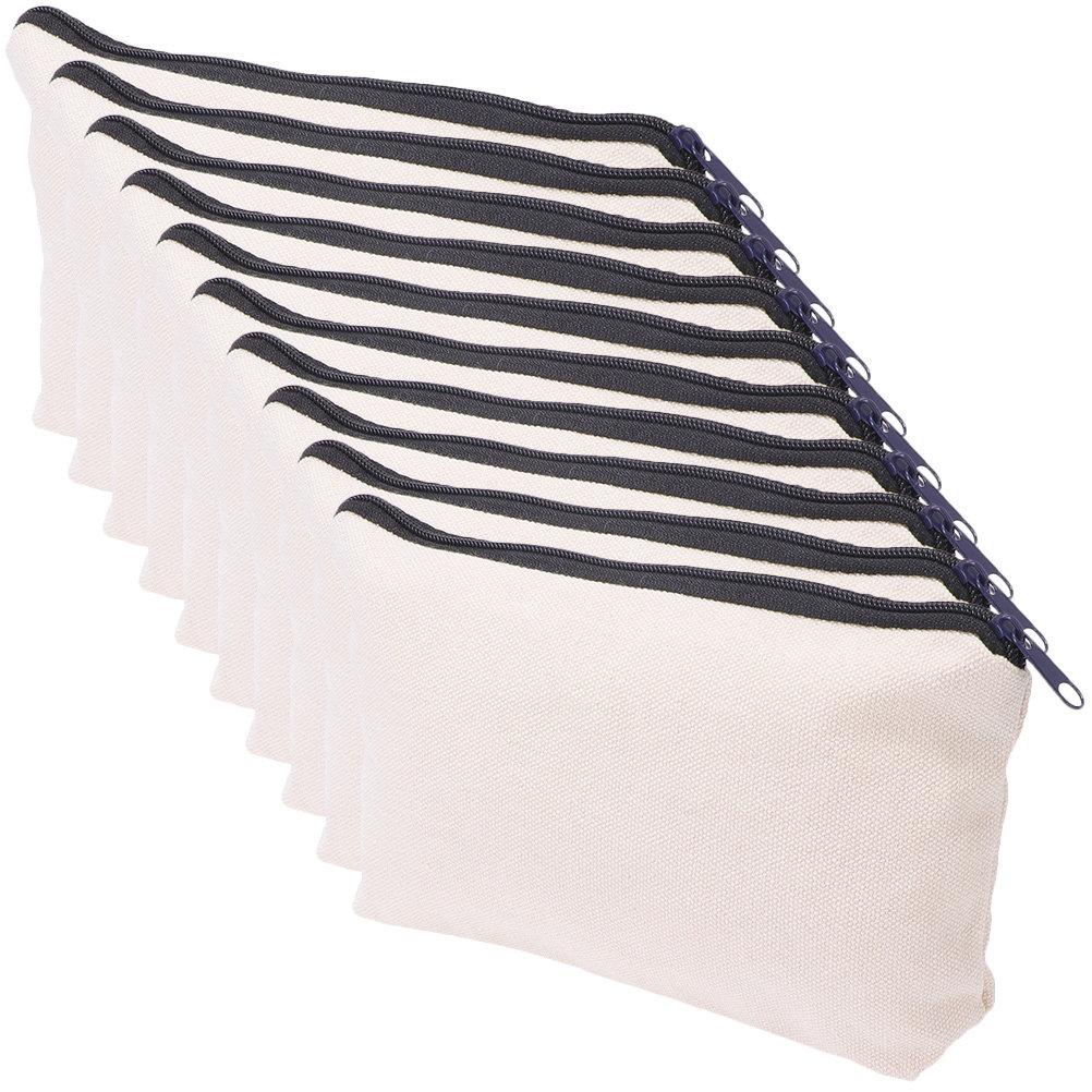 10Pcs Beige Canvas Pencil Bags Blank Pouches Zipper Makeup Bags Travel Organizer Small Canvas Pouches Toiletries Bag