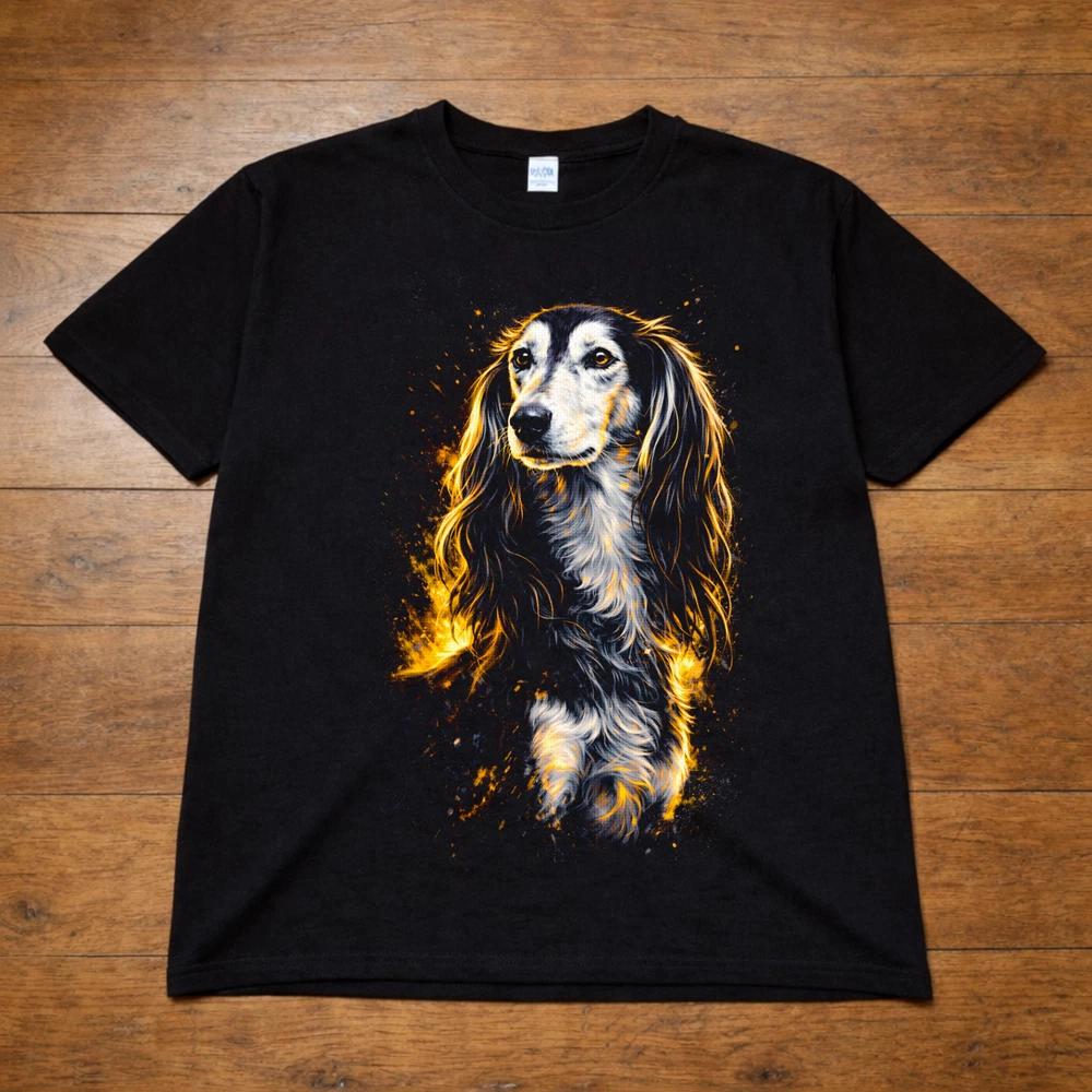 Long Haired Dachshund Dog Graphic T Shirt Unisexs Unisexs Sausage Dog Fire Art Tee