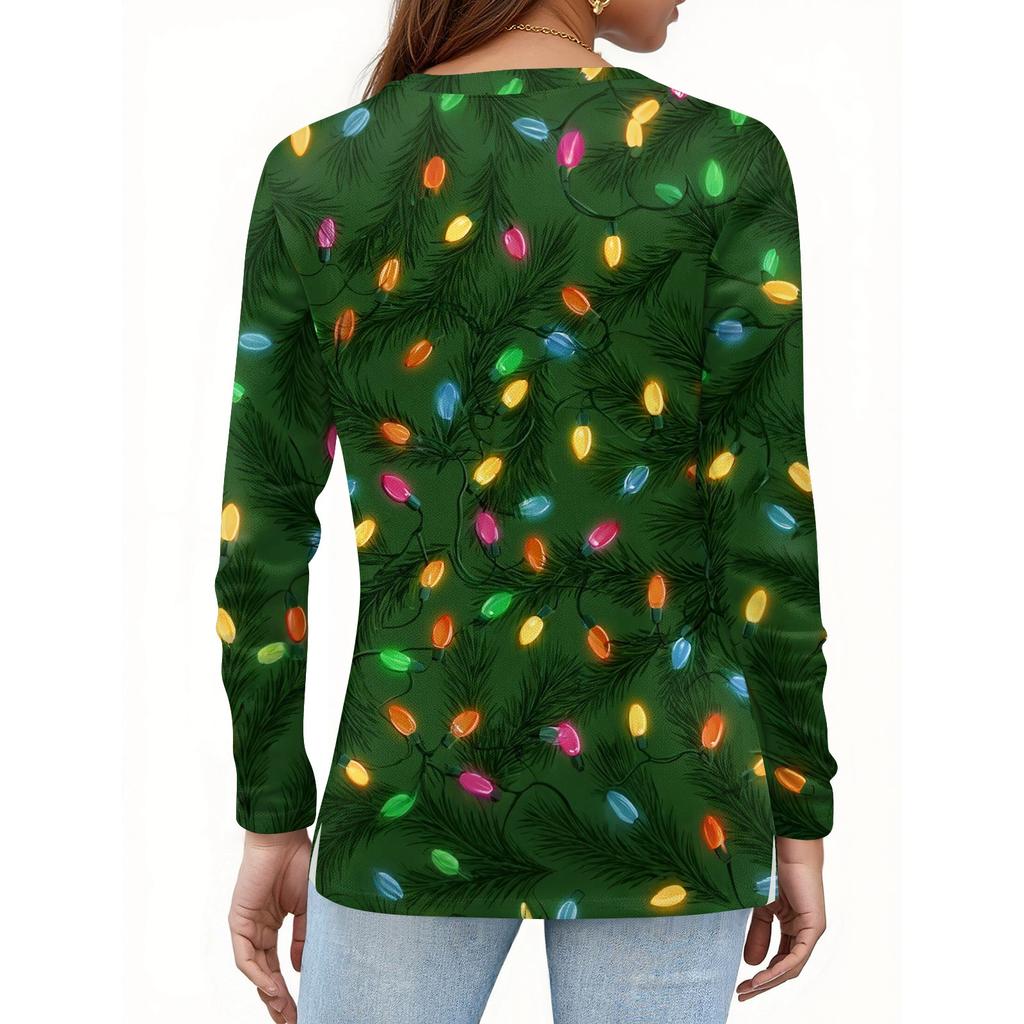 Women's Fashion Casual Slit Hem Round Neck Long Sleeve Loose Christmas Printed T-Shirt Ladies Top