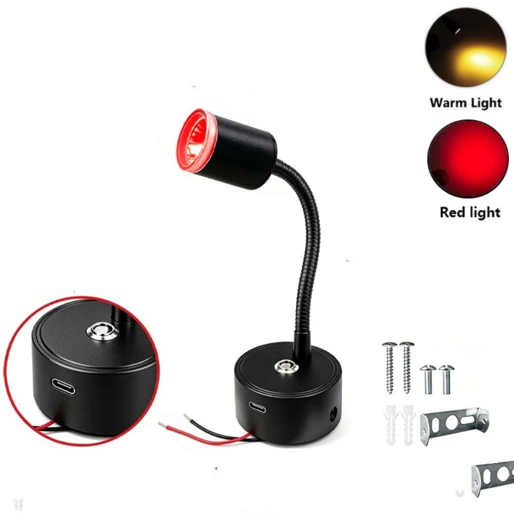 Type-C & USB Outlet LED Reading Lamp Flexible Gooseneck Wall Light Indoor