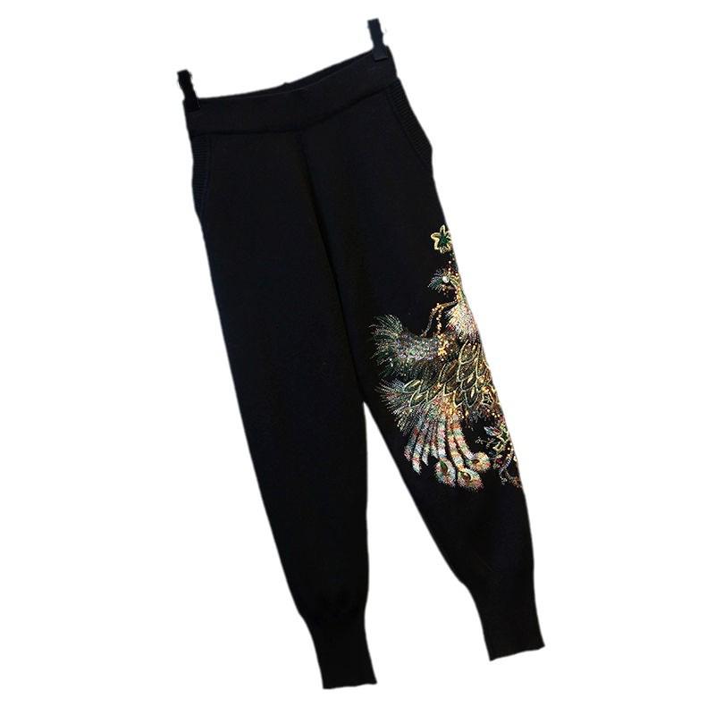 Женский велюровый комплект из двух предметов большого размера с пайетками в виде павлина - Модный костюм с длинным рукавом для осени