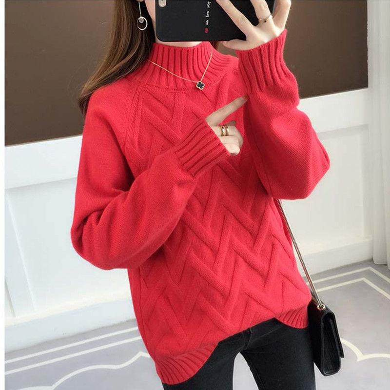 Женский вязаный свитер, однотонный свитер с полувысоким воротником и ромбовидным узором, повседневный свободный стильный вязаный пуловер