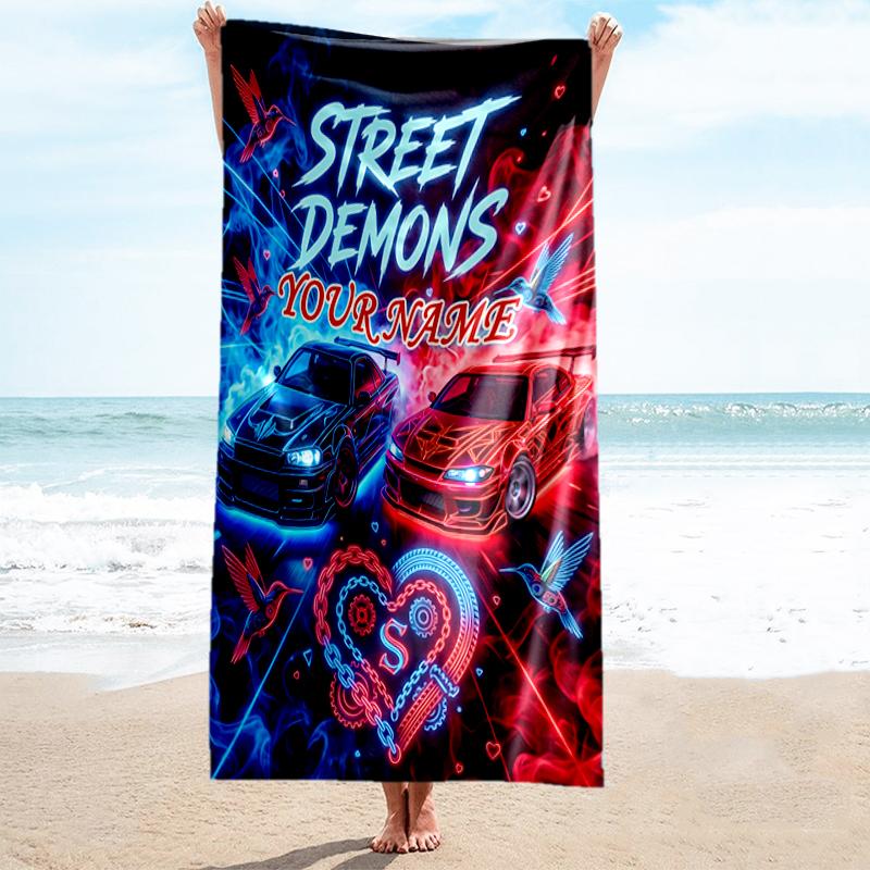 1PC Custom Name Street Demons Night Drive Beach Towel Highly Absorbent And Sand-Resistant Towel for Swimming, Pool, Yoga, And Travel Lightweight