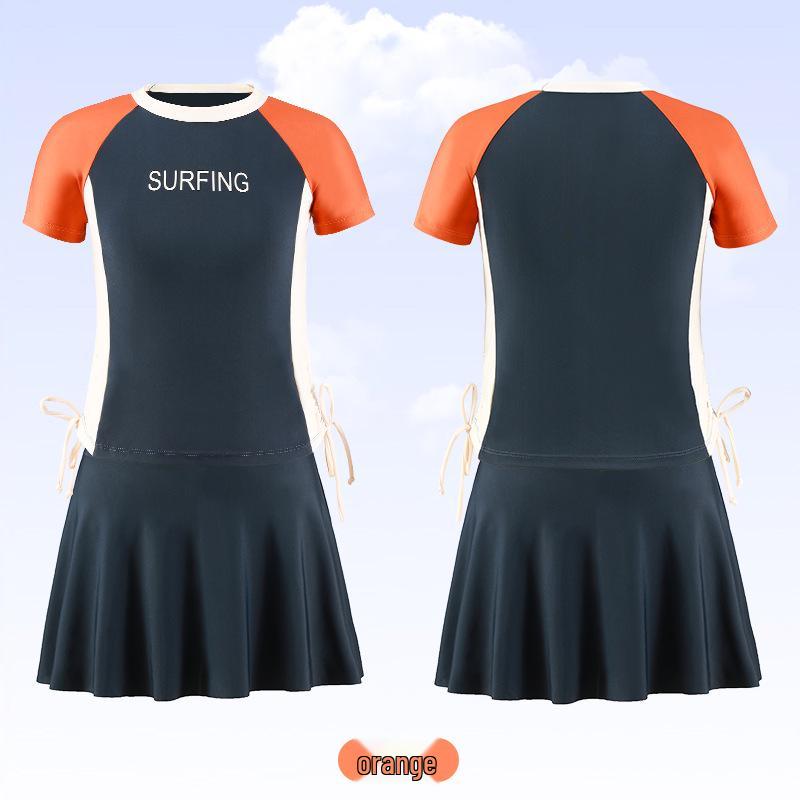 2025 Girls' Conservative Two-Piece Swimsuit: Fresh Waist-Slimming Short Skirt & Short-Sleeve Design