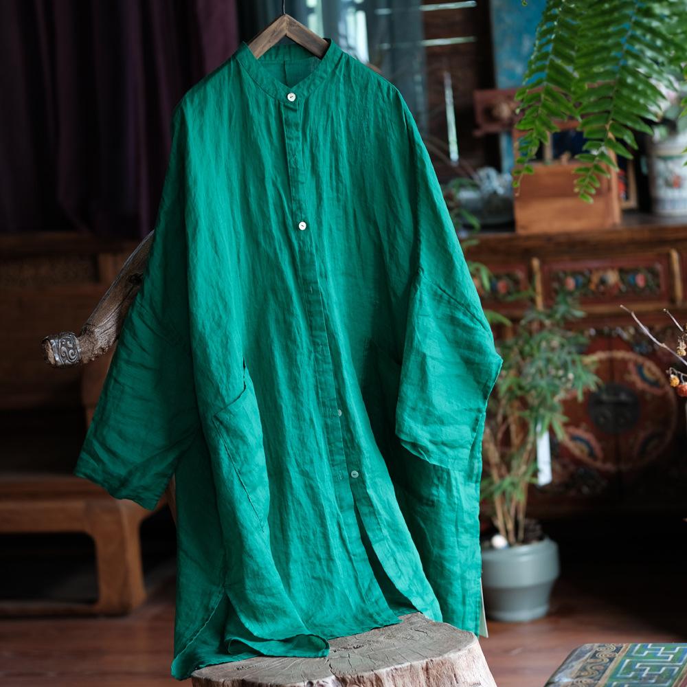 Johnature Женские винтажные длинные рубашки с длинным рукавом, однотонные летние блузки с карманами на пуговицах