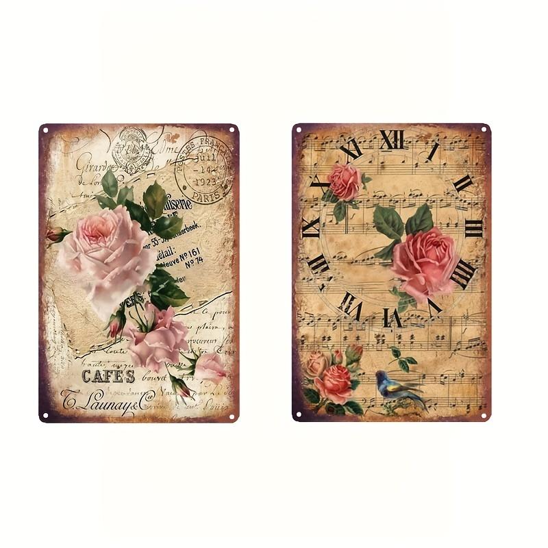 2Pcs 7.8×11.8in European Vintage Tin Paintings - Travel Music Flower Hot Air Balloon Decor - Indoor/Outdoor Wall Art for Home/Bar/Cafe