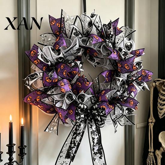 Party Backdrop Halloween Mesh Ribbon Wreath for Front Door, Spooky Skull Pumpkin with Decoration Bow, Purple Black Stripe Decorative Garland