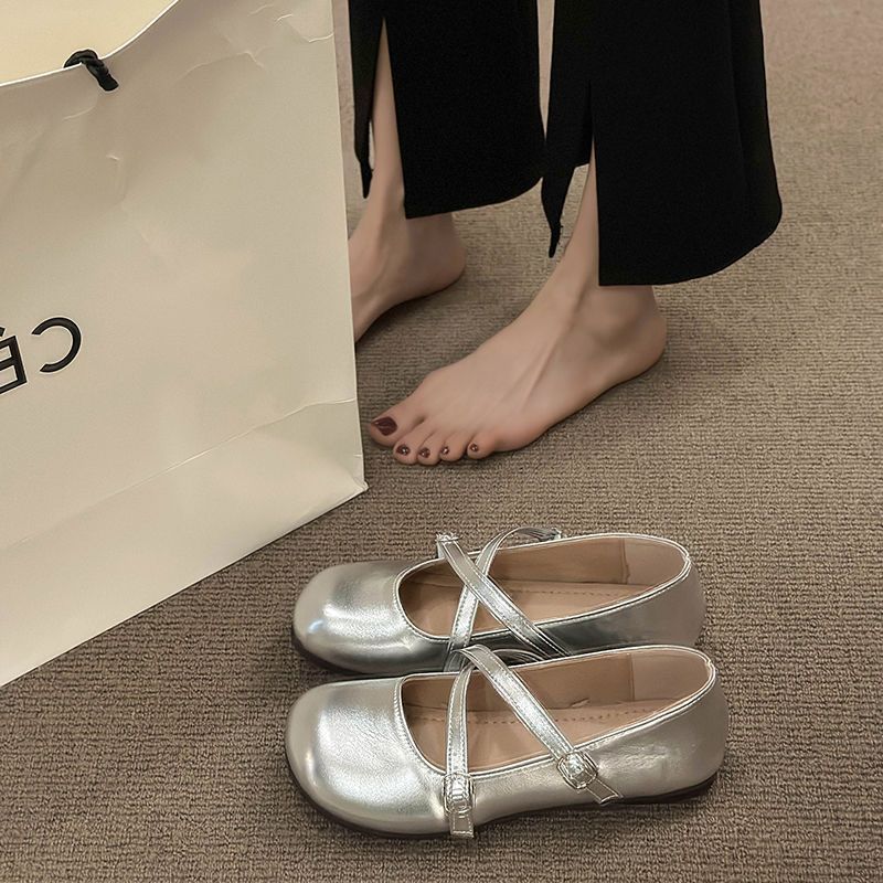 Crossed Silver Single Shoes Women's Flat-soled Soft-soled Light-mouth Round Head Mary Jane Gentle Wind Evening Shoes Fairy Beanie Shoes