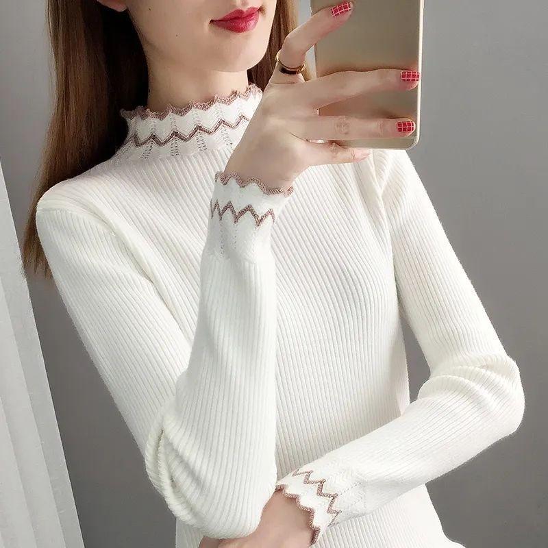 Осенне-зимняя кружевная цельная рубашка из бархата с полувысоким воротником. Модный и модный шерстяной свитер с толстой вязкой.