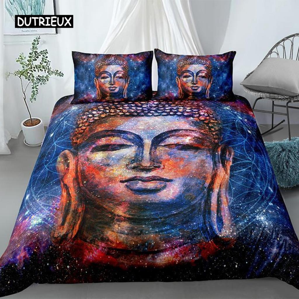 Mandala Buddha Duvet Cover Set,Bohemian Bedding Set Golden Black Lotus Flowers Print Luxury Microfiber Polyester Comforter Cover