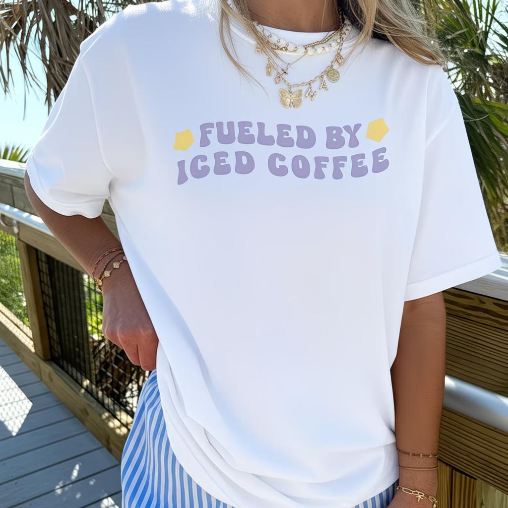 Trendy Fueled By Iced Coffee Printed TShirt Cute Morning Coffee Aesthetic Tops Women Loose Casual Short Sleeve Summer Tee