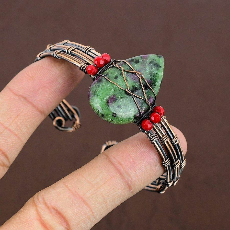 Ruby Zosite Lab-Created Handmade Copper Wire Wrap Cuff Bangle Adjustable O3c57