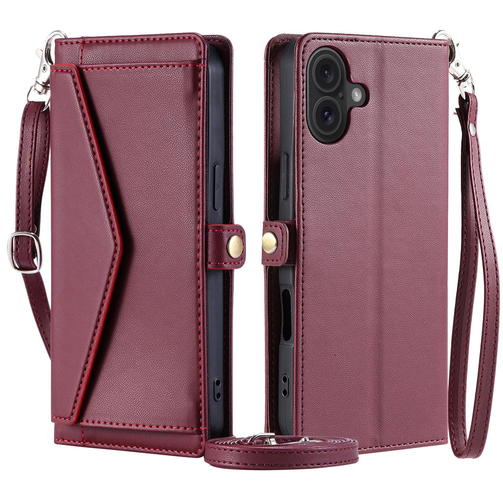 For iPhone 16 Leather Case Wallet Stand Phone Cover with Straps - Purple