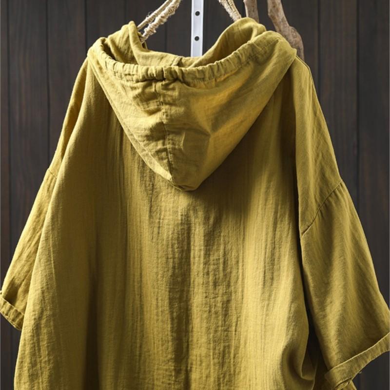 Johnature Women Casual Hooded T-Shirts Solid Color Short Sleeve Summer Pockets Soft Button Female T-Shirts