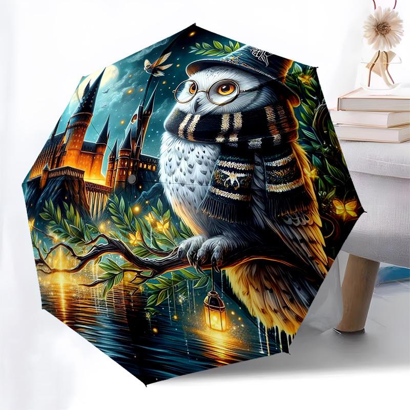 1pc Hogwarts Owl Night Scene Umbrella with Plastic Handle,Cartoon Pattern,Suitable for All Seasons Multi-functional Umbrella363