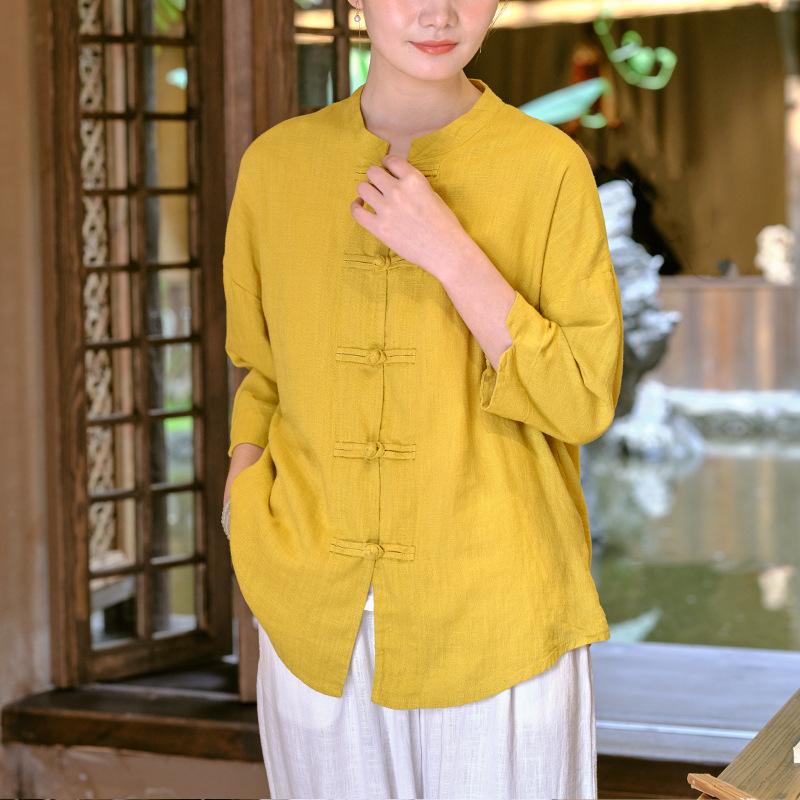 Johnature Женские винтажные льняные рубашки на пуговицах, топы, весенние однотонные женские блузки со стойкой с семью рукавами в китайском стиле
