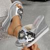 Sell New Women Flower Decor Wedge Sandals Sequins & Rhinestone Slip On Open Toe Platform Shoes All-Match Outdoor Sandal
