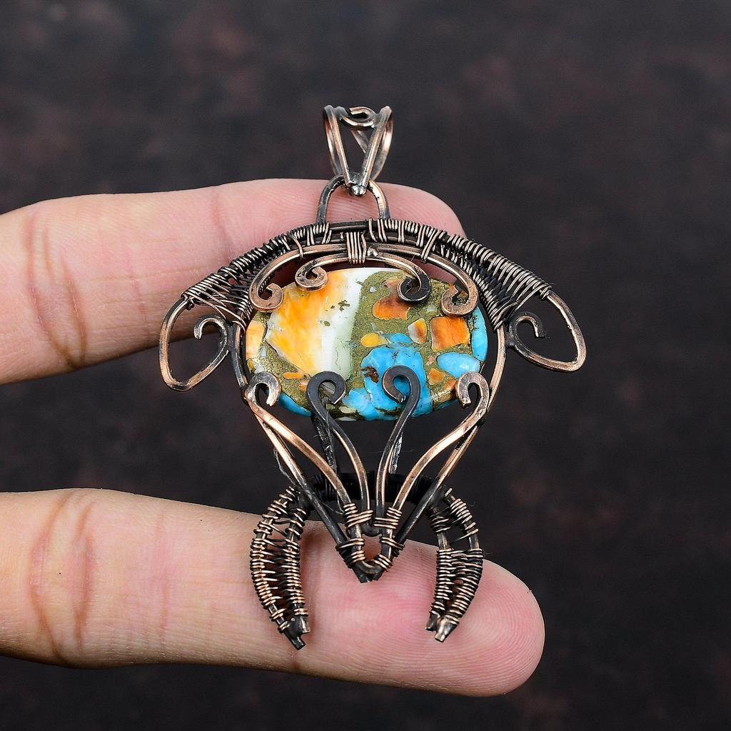 Колючая устрица, медный бирюзовый кулон, медная проволока, кулон, кулон ручной работы с драгоценным камнем, медные украшения, подарок на помолвку, кулон в виде черепахи